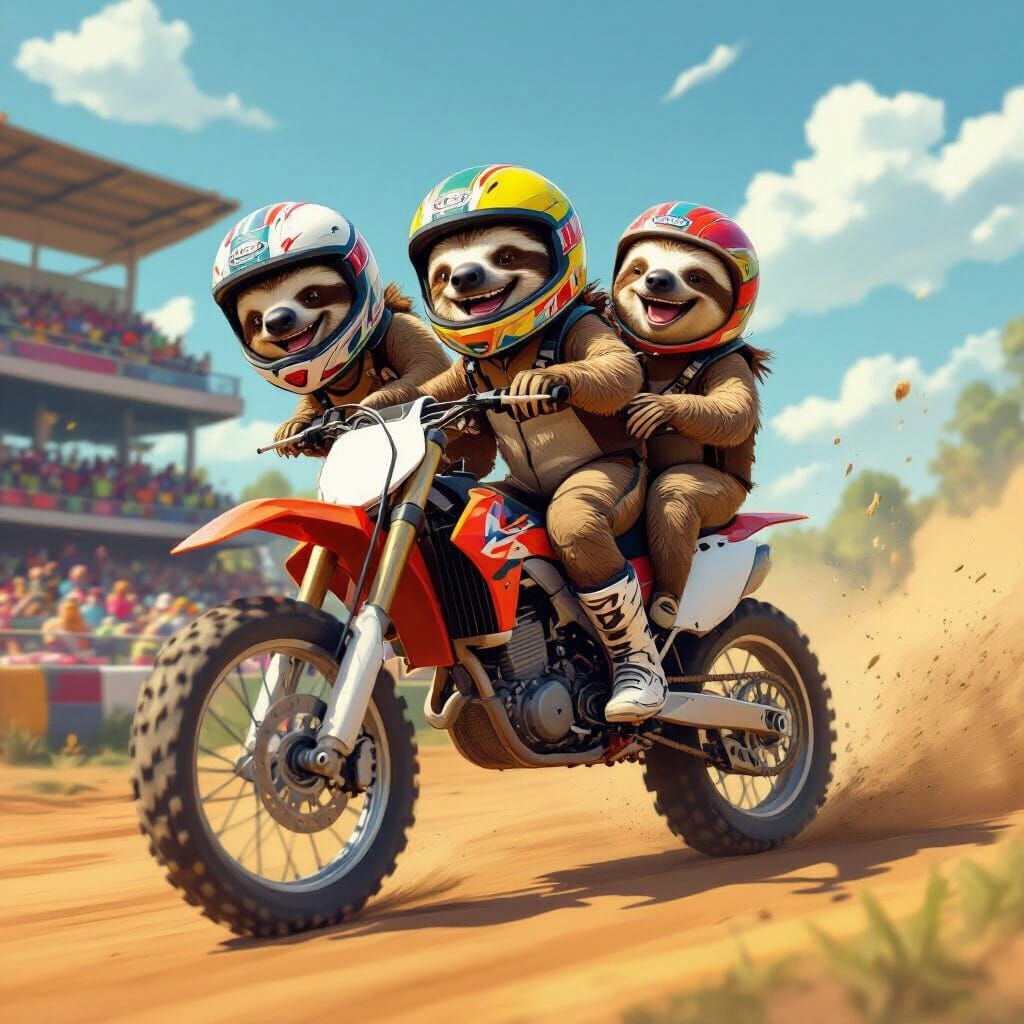 Three Sloths Ride Dirt Bike in Cartoon Style