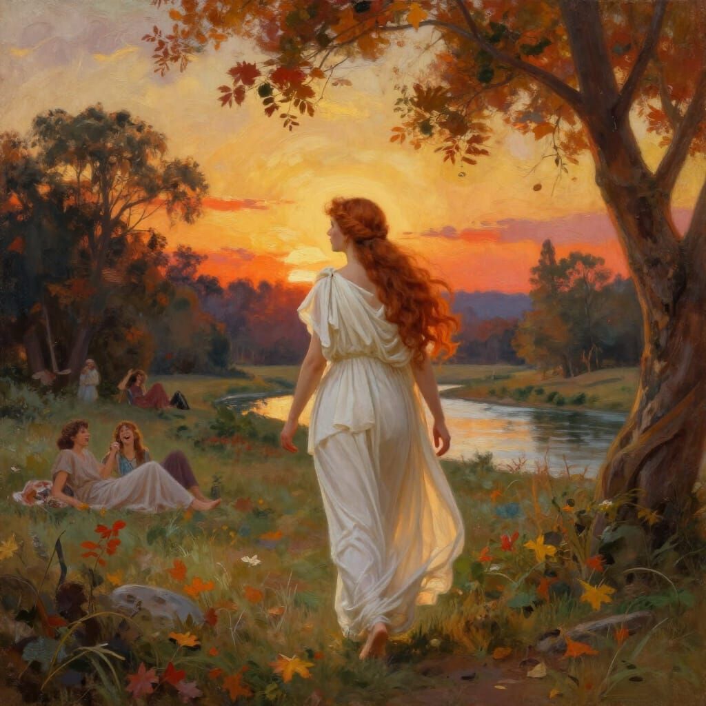 Woman Enters Elysian Fields at Sundown in Autumn Hues