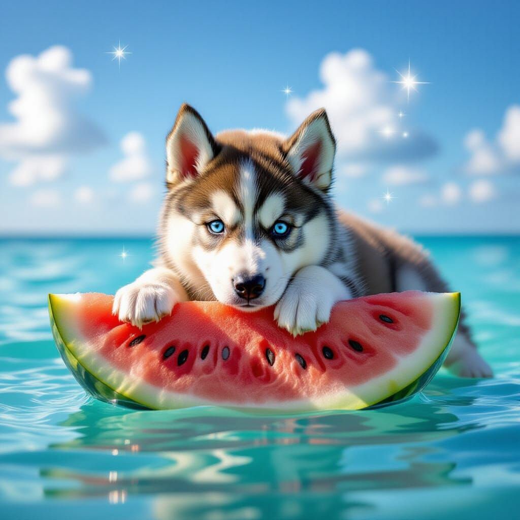 Fluffy Husky on Watermelon Slice in Surreal Scene