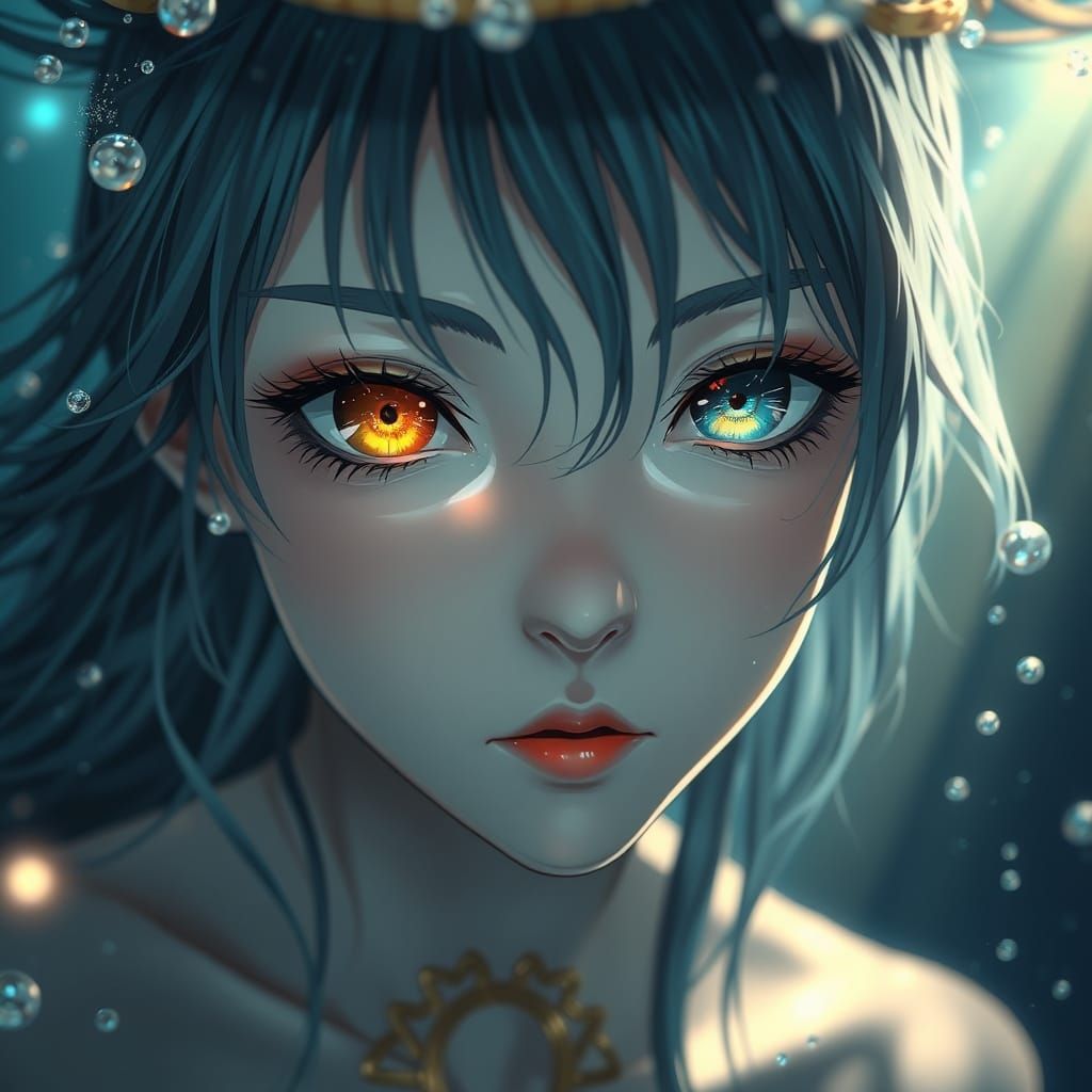 Mysterious Anime Girl with Heterochromatic Eyes in Water