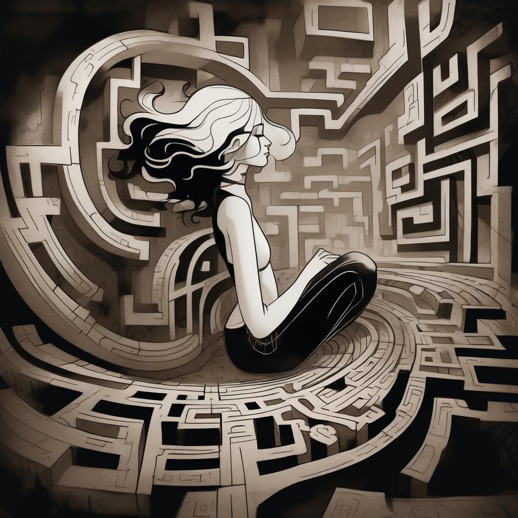 Woman in Maze: Line Art in Black and White