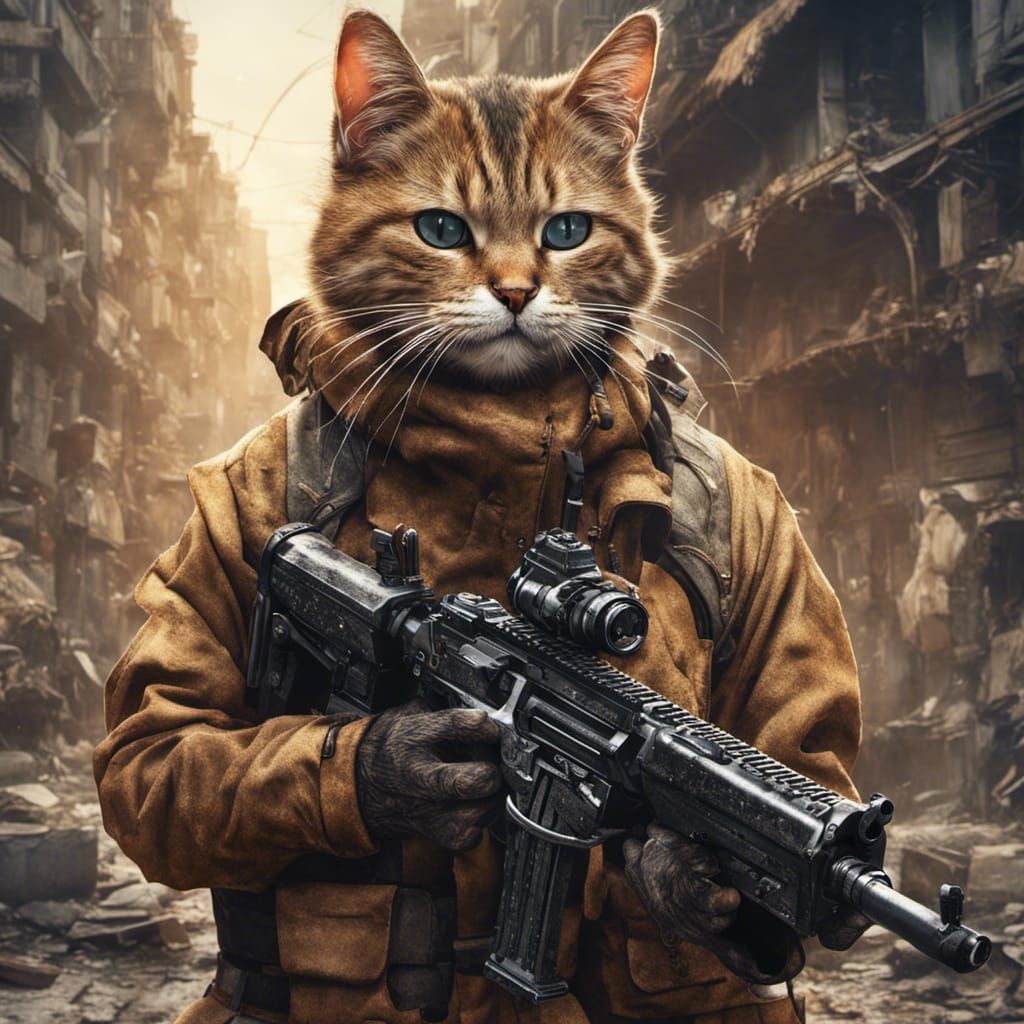 Stray Cat with Machine Gun: Detailed Fantasy Art