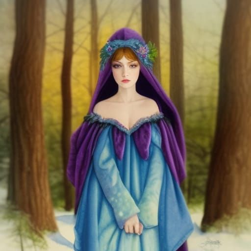 Fairy in Snowy Forest, Watercolor Painting