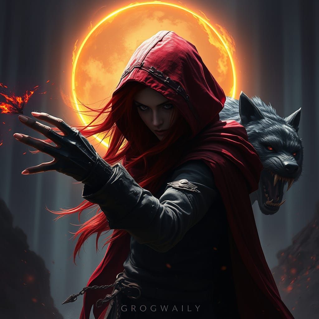 Red-Cloaked Woman Battles Werewolf in Dark Fantasy Style