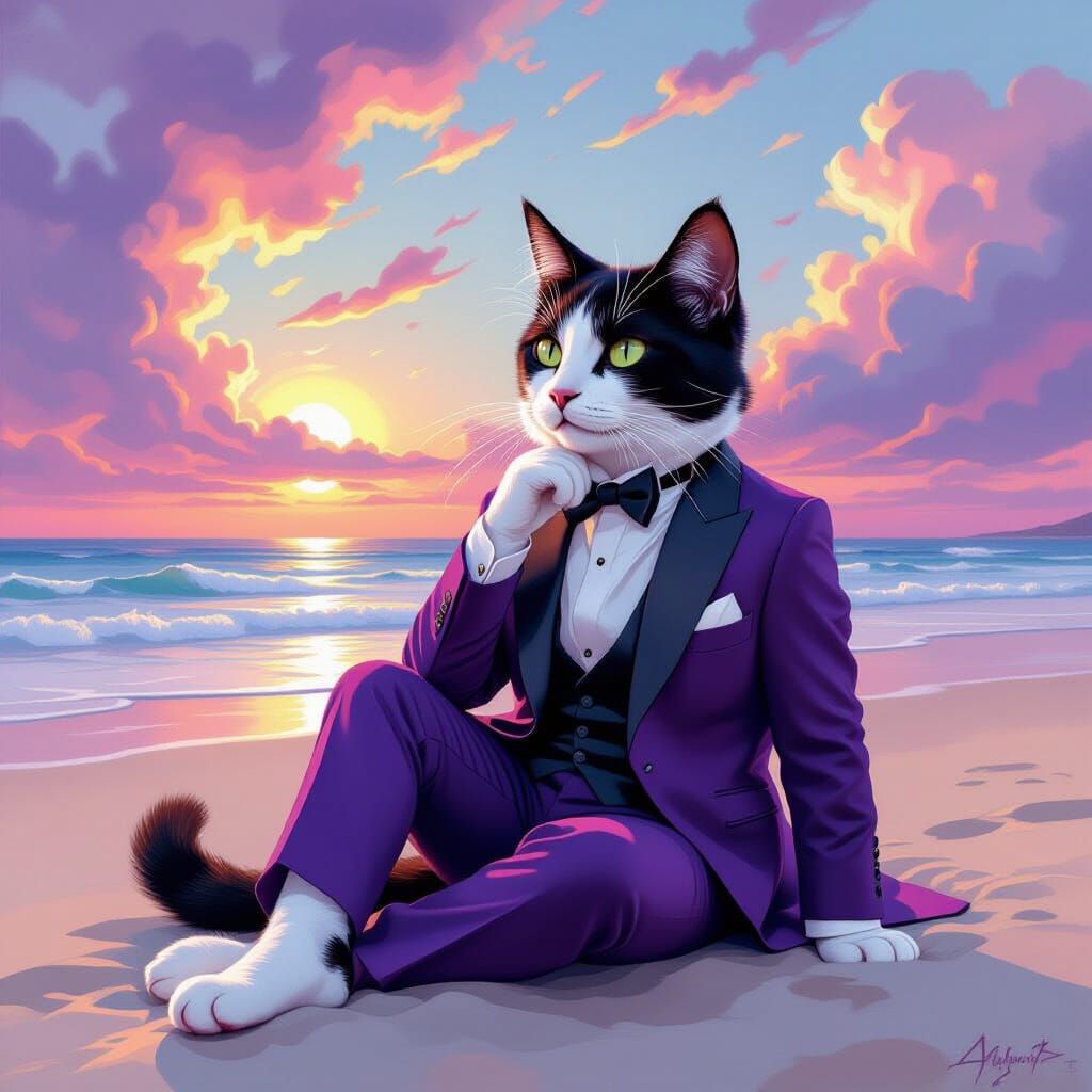 Cat in Purple Tuxedo on Surreal Beach, Impressionistic Style