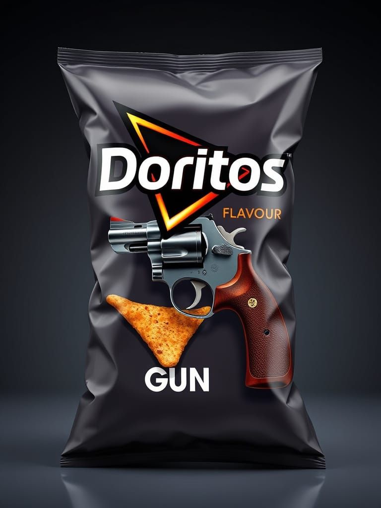 Photorealistic Doritos Bag with Fictional "GUN" Flavor