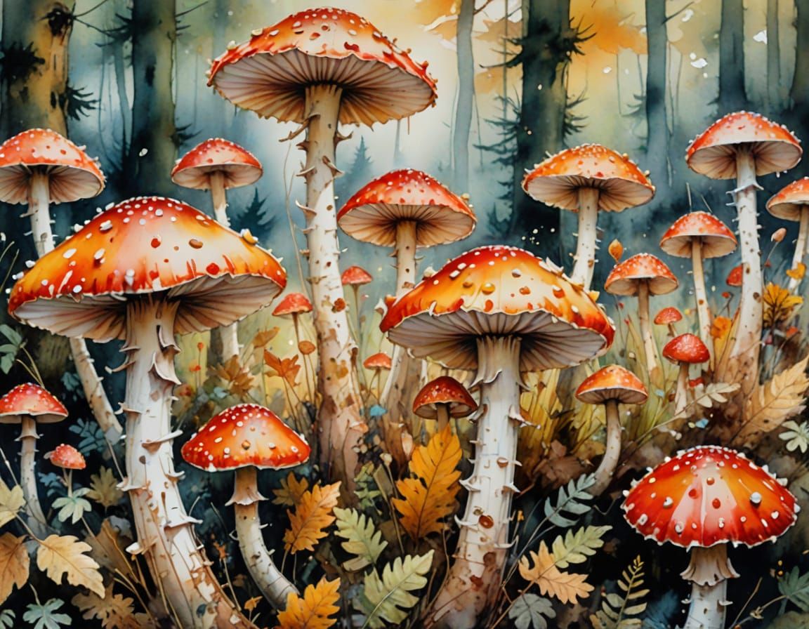 Dreamy Fly Agaric Blooms on Forest Edge in Watercolour Style