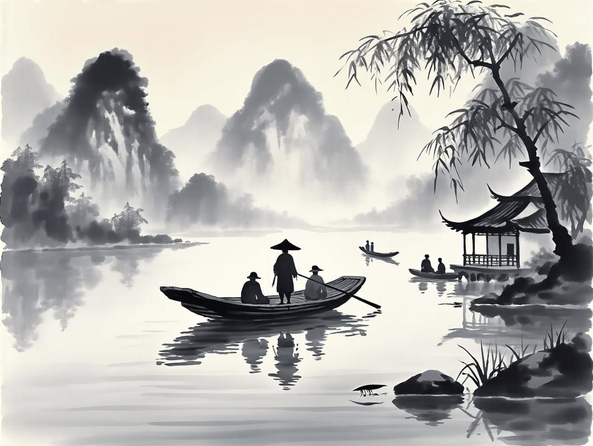 Serene Chinese Landscape with Wooden Boat and Pagoda