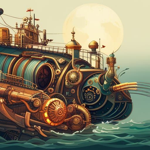 Steampunk Submarine in Luminous Ocean Depths