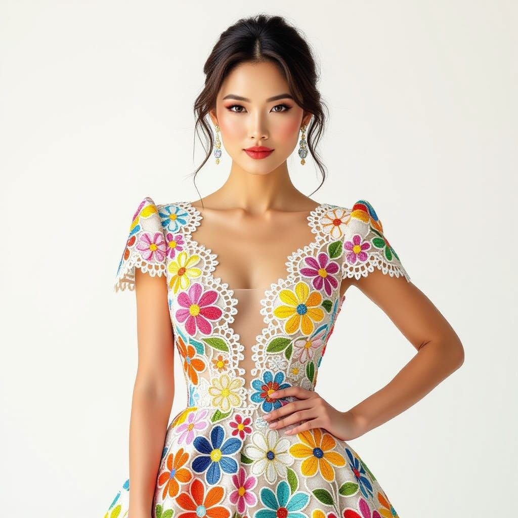 Elegant Woman in Whimsical Lace Gown