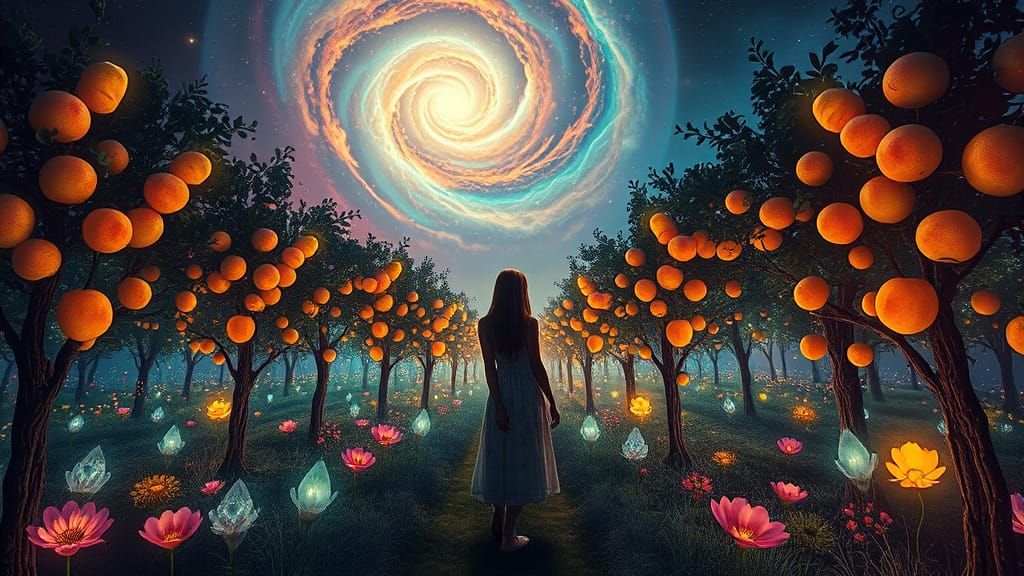 Bioluminescent Orchard Under Nebula, Digital Painting