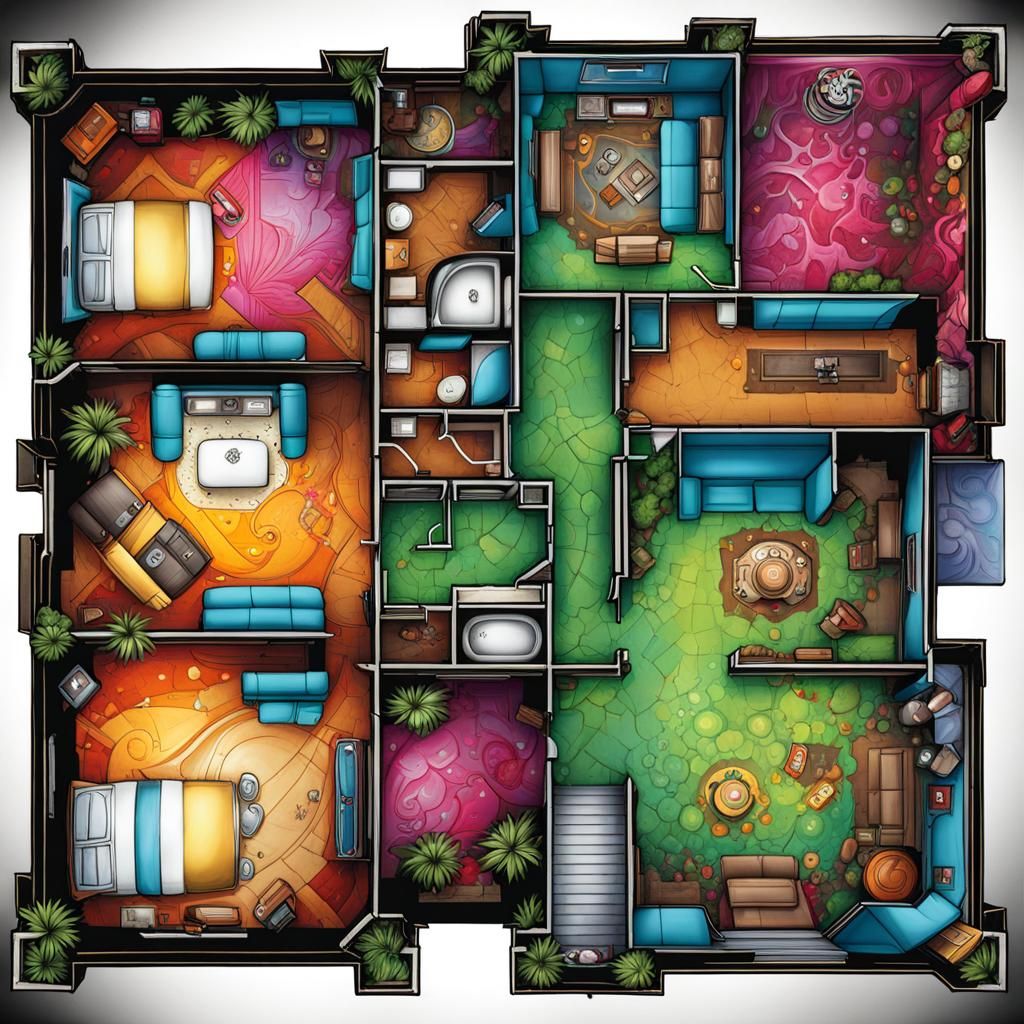 Detailed Mansion Floor Plan in Graffiti Art Style