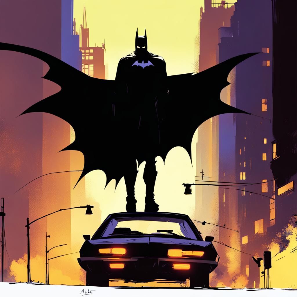 Minimalist Batman in Neon-Lit Landscape