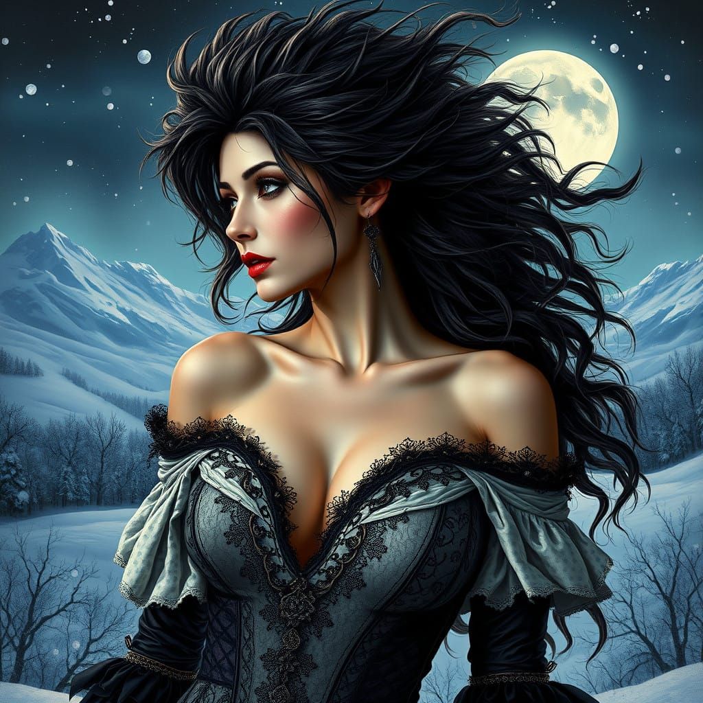 Gothic Winter Goddess in a Haunting Snowy Landscape