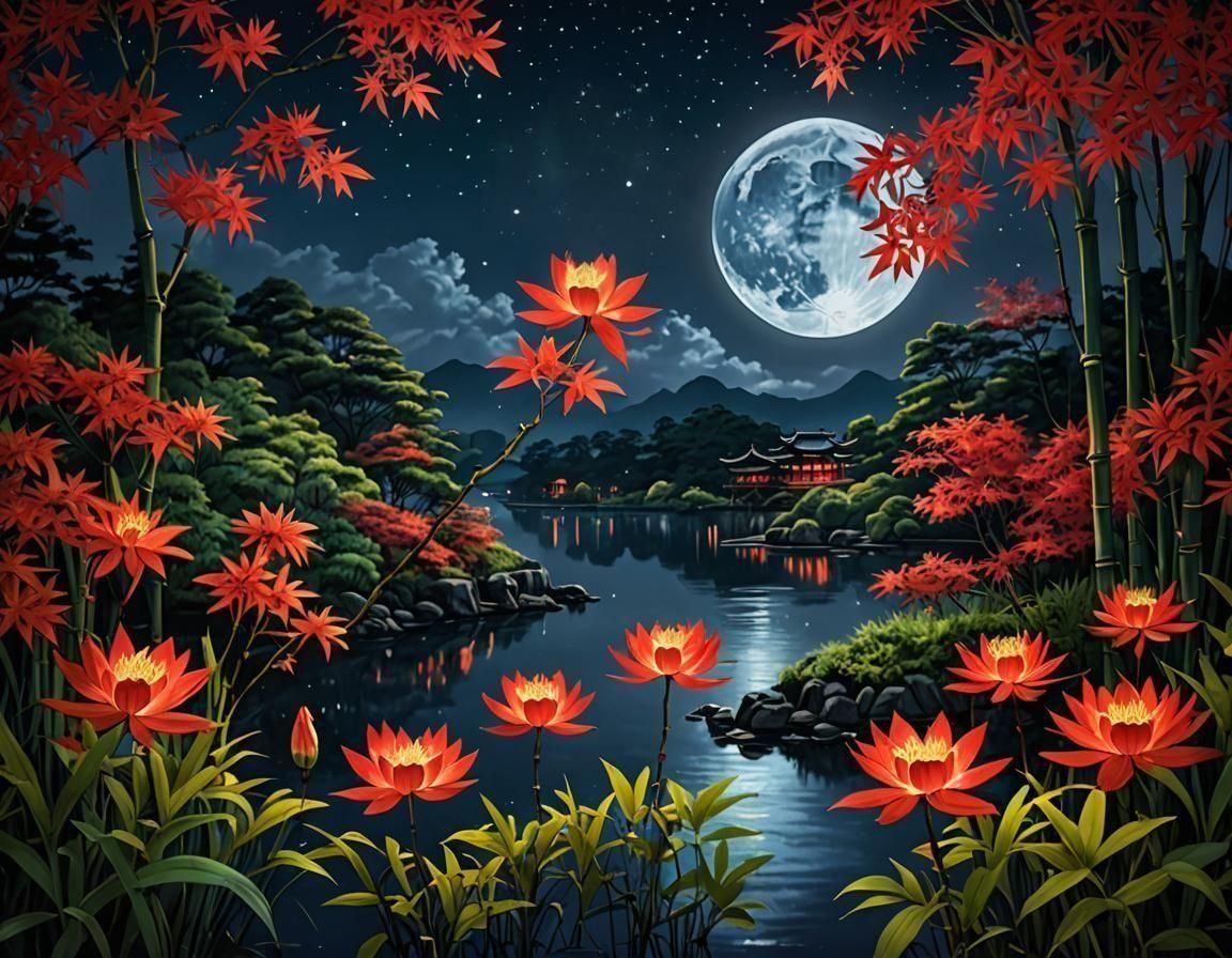 Asian Starry Night with Lilies in Anime Style