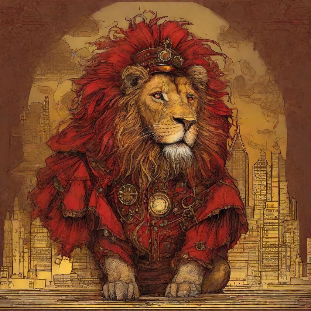 Steampunk Lion in Red Robe Against Cityscape