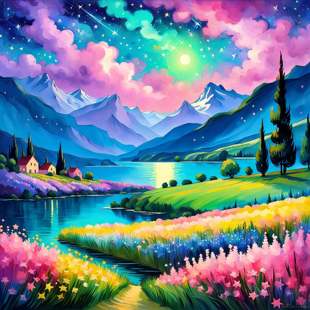 Starry Night Sky with Pink and Purple Hues