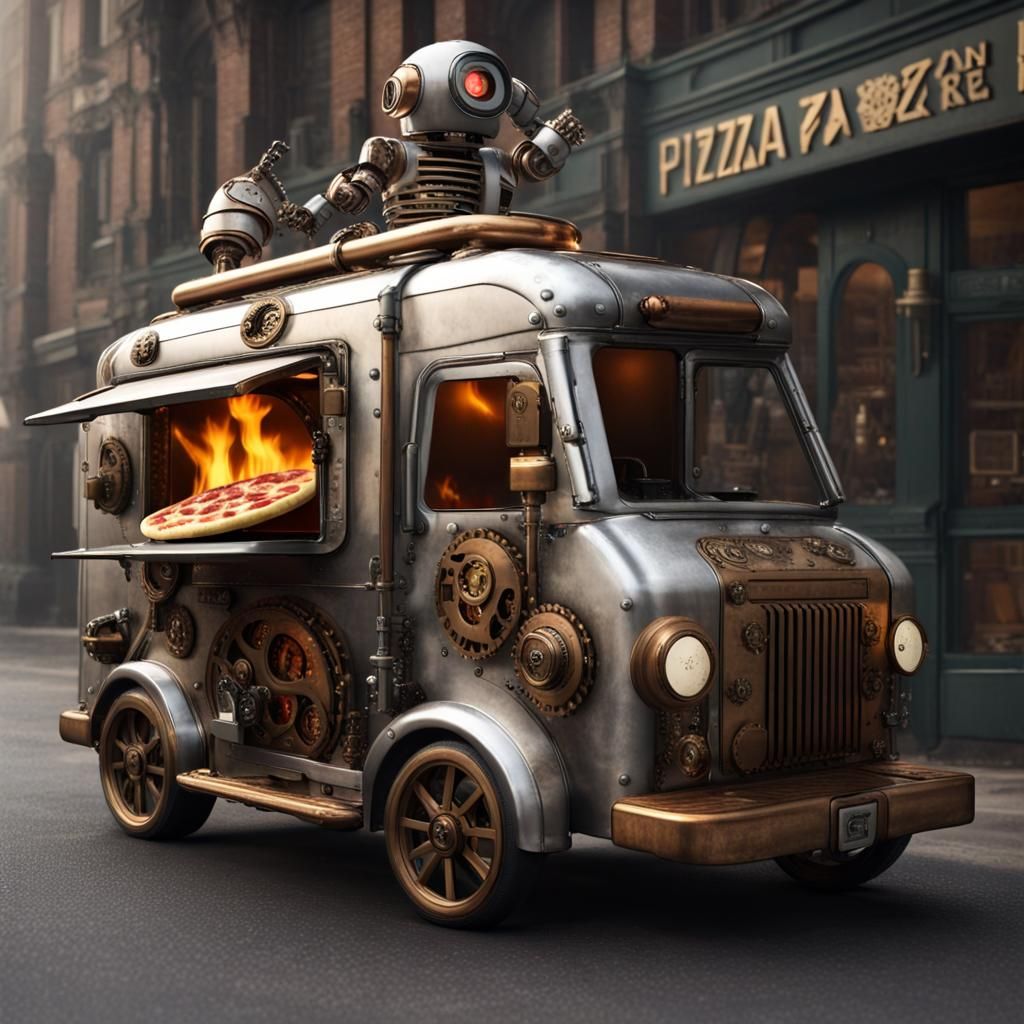 Steampunk pizza  delivery van with robot controlled
