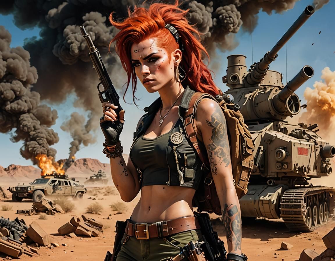 Fiery Tank Girl Reloading in Wasteland Storm