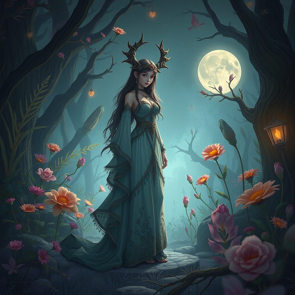 Mystical Daughter in Moonlit Forest, Dreamlike Detail