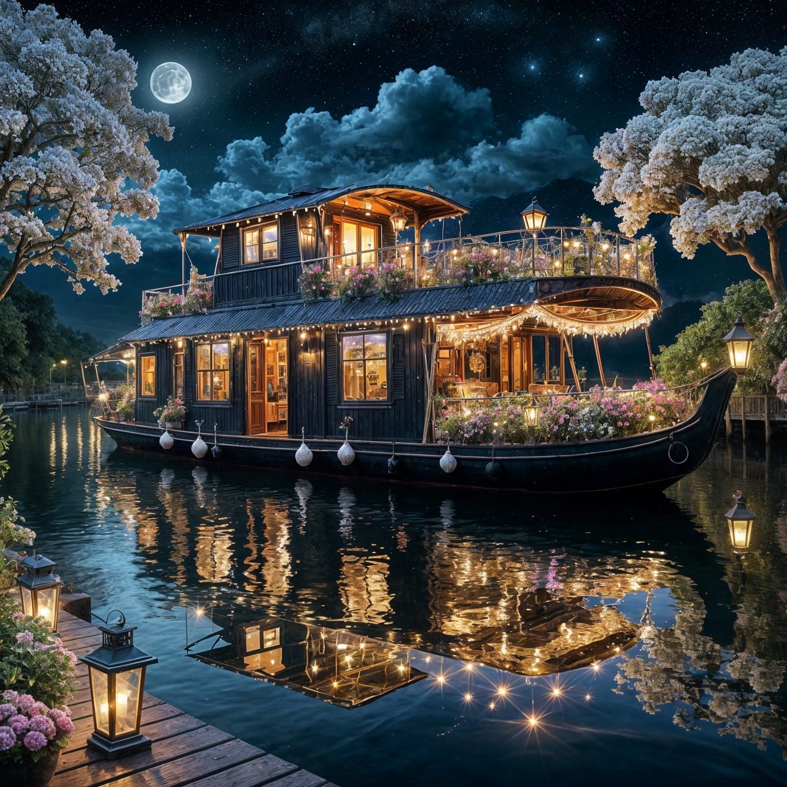 Luxurious Houseboat Under Enchanted Evening Skies