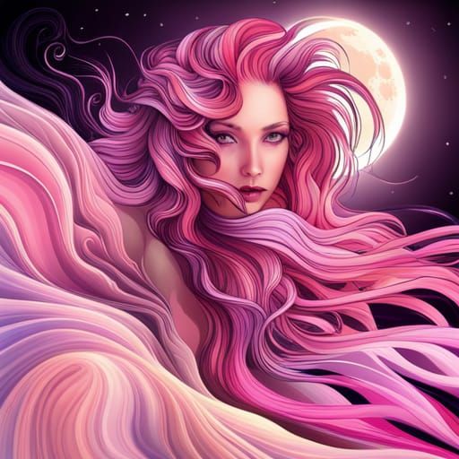 Goddess with Pink Hair, Moon, and Dog