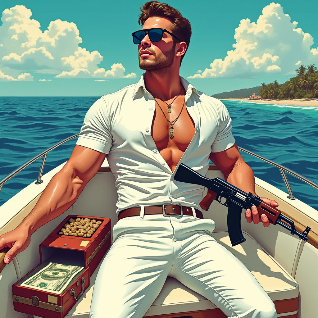 Luxury Yacht Pop Art with AK-47 and Jewels