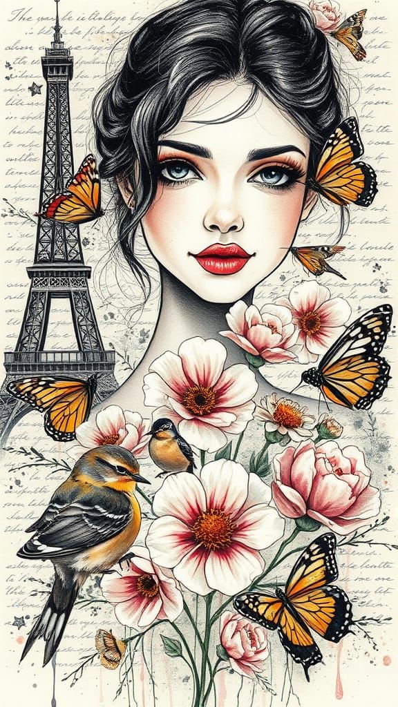 Parisian Woman in Mixed Media Ink and Watercolor