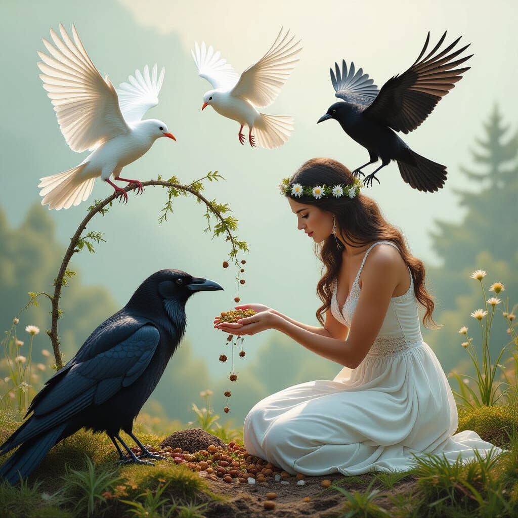 Surreal Woman with Birds in Dreamlike Collage