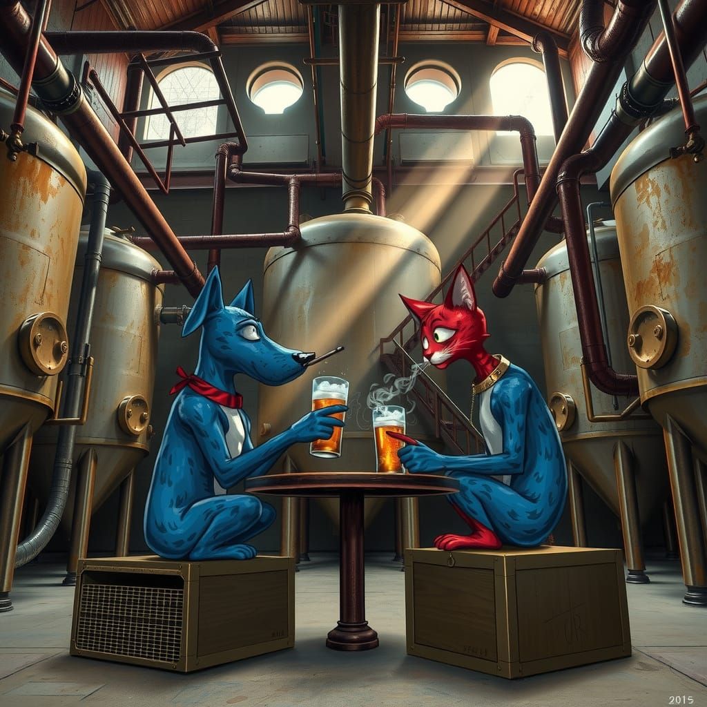 Steampunk Brewery Adventure with Blue Dog and Red Cat