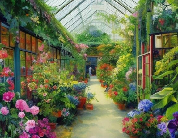Orchids Bloom in Victorian Greenhouse: Impressionist Gouache...