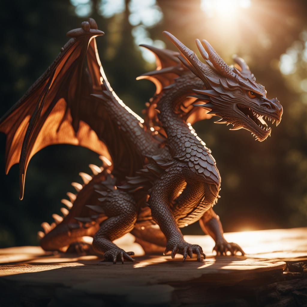 Intricately Detailed Wooden Dragon Sculpture in 8k