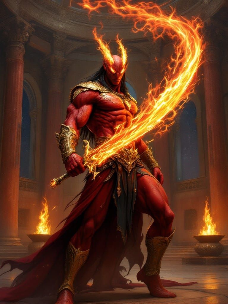 Mystical Efreet in Golden Armor, Oil Painting