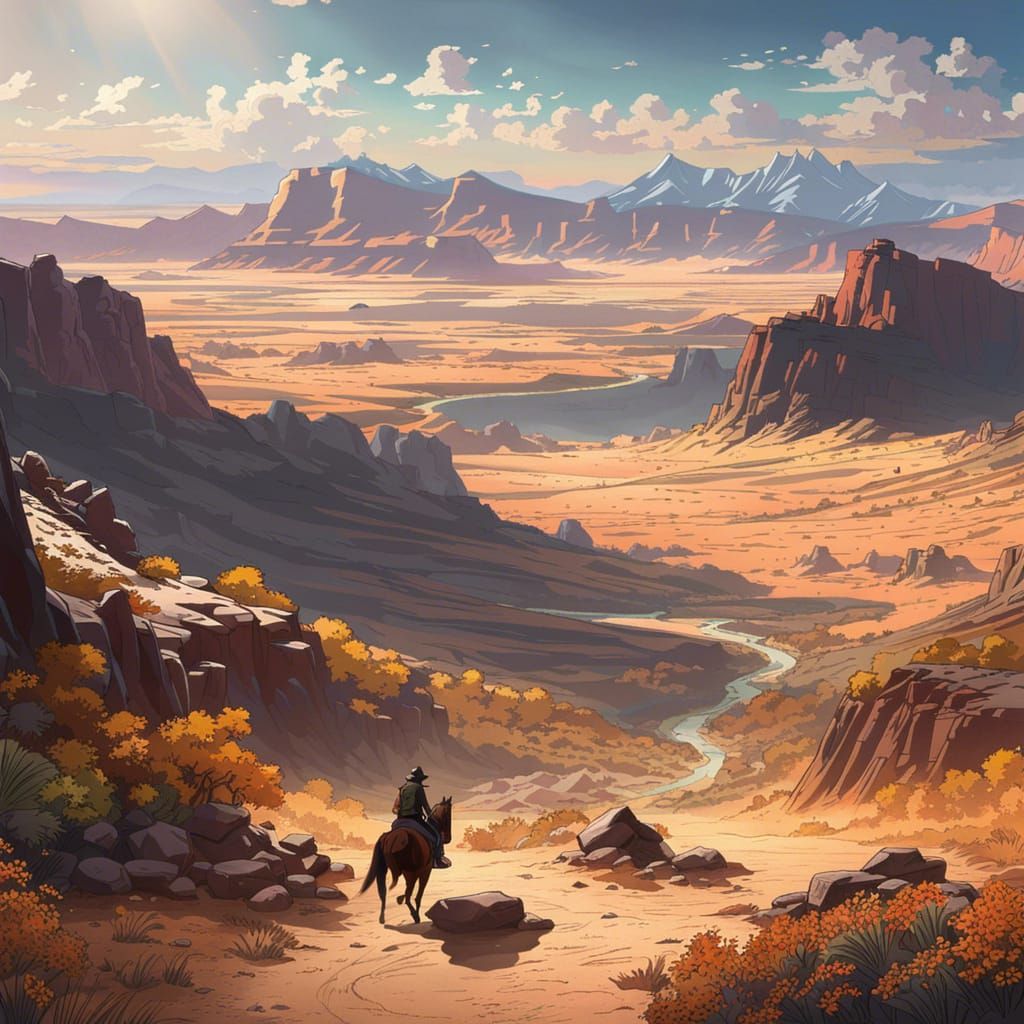 Cowboy Rides Horse Through Desert Landscape