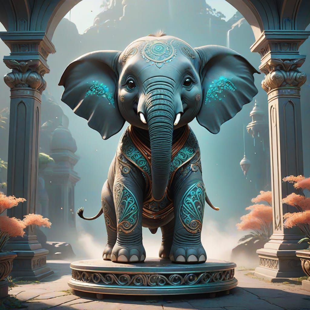 Enchanted Gray Elephant in Dreamy, Vibrant Fantasy Scene