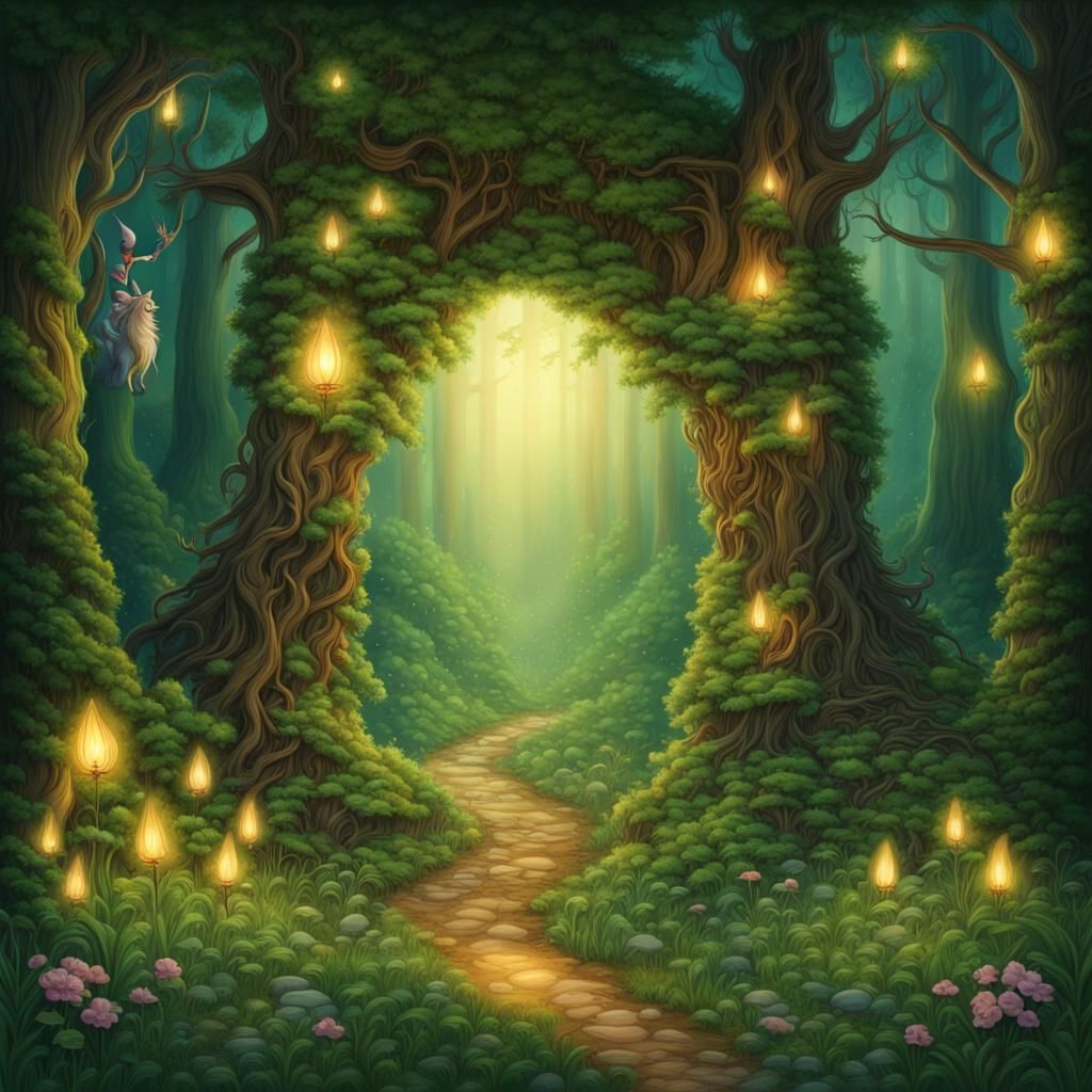 Mystical Forest Portal with Unicorn and Fairies