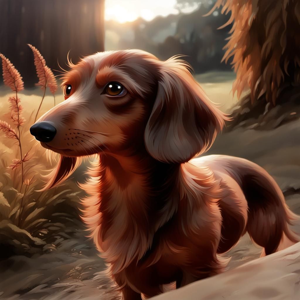 Anime Dachshund Portrait in Evening Sunlight
