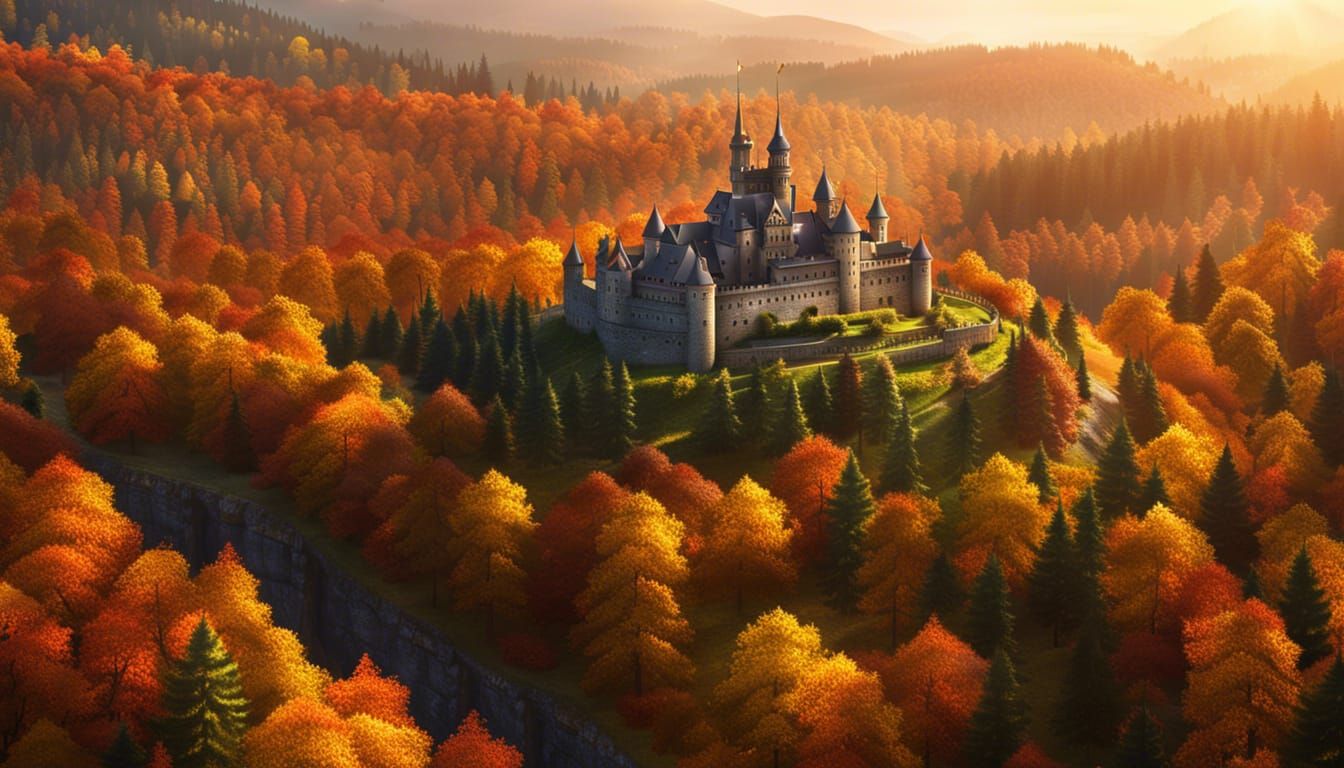 Futuristic Glass Castle in Autumn Valley