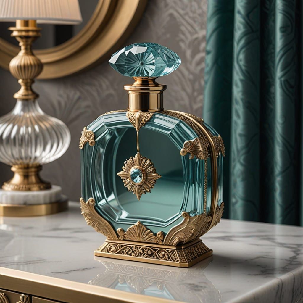 Luxurious Art Deco Glass Perfume Bottle in Aquamarine with B...