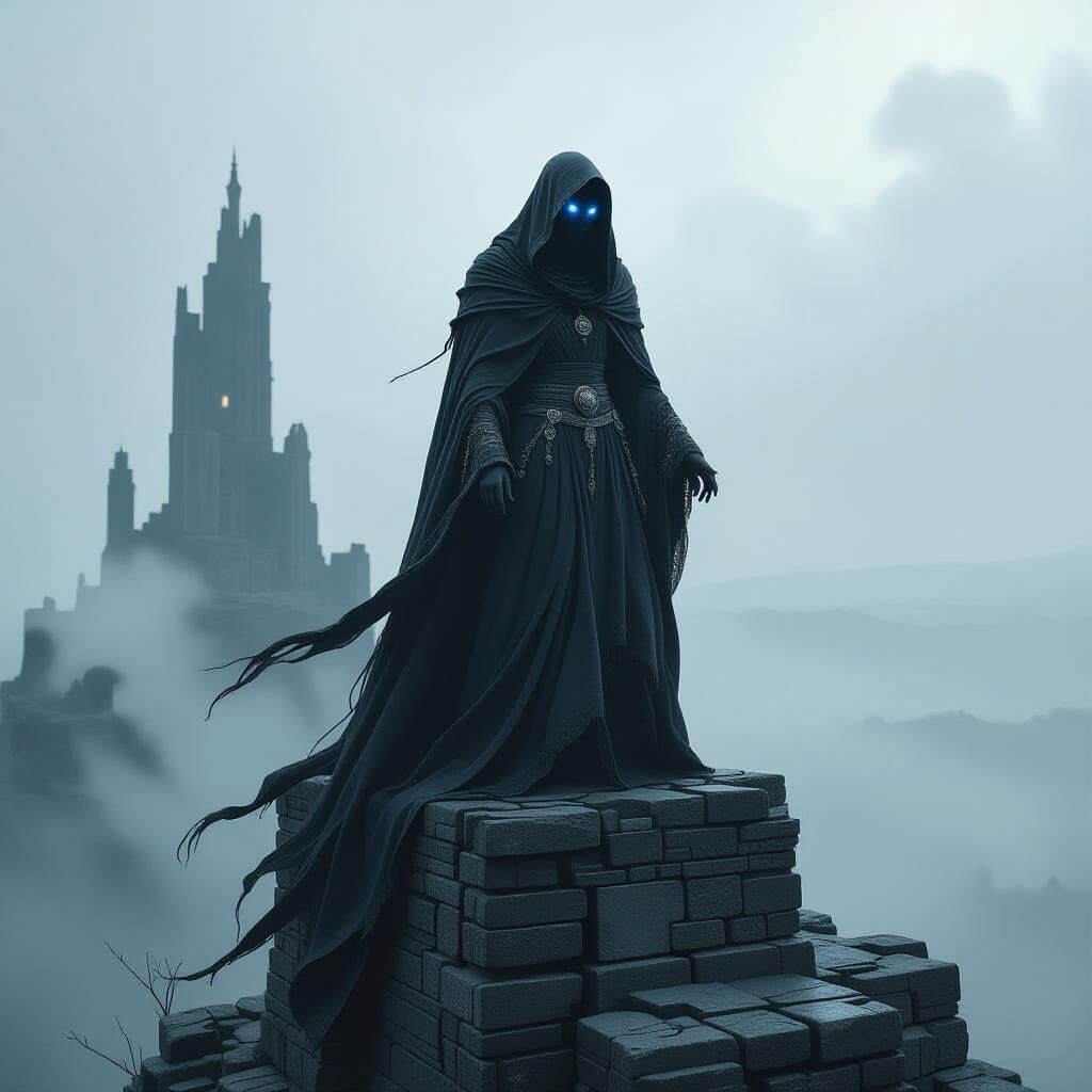 Ancient Sorceress Overlooking Desolate Landscape in Biomecha...