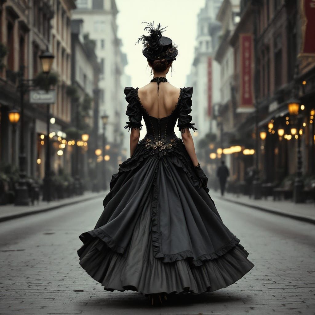Steampunk Lady Strolls Victorian City Boulevard