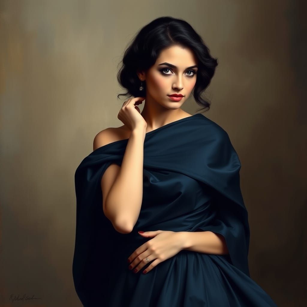 Elegant Renaissance Woman in Navy Blue Gown with Dramatic Ca...