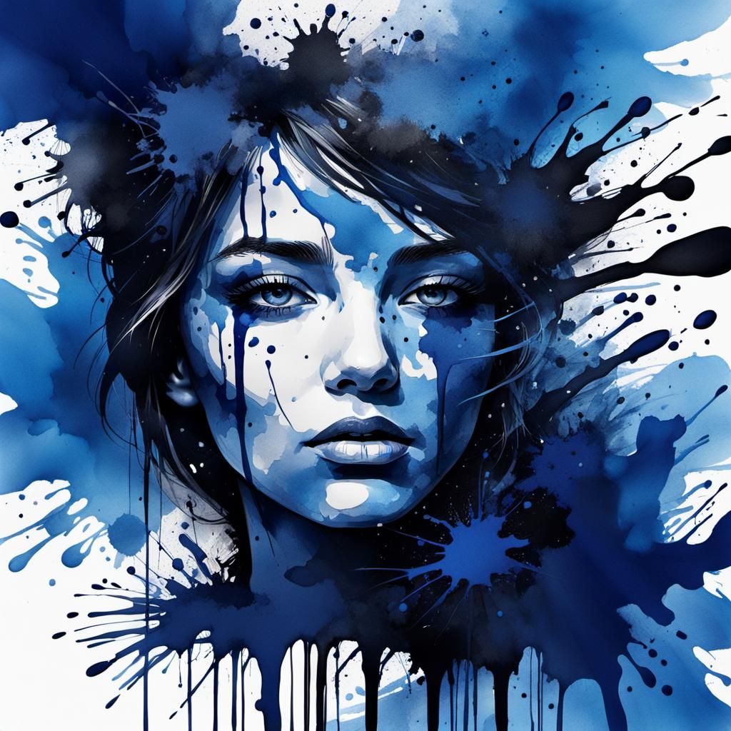 Ink Splatter Portrait of a Woman in Blue