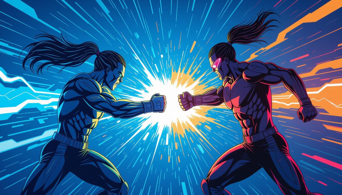 Futuristic Boxing Match Poster with Cybernetic Athletes