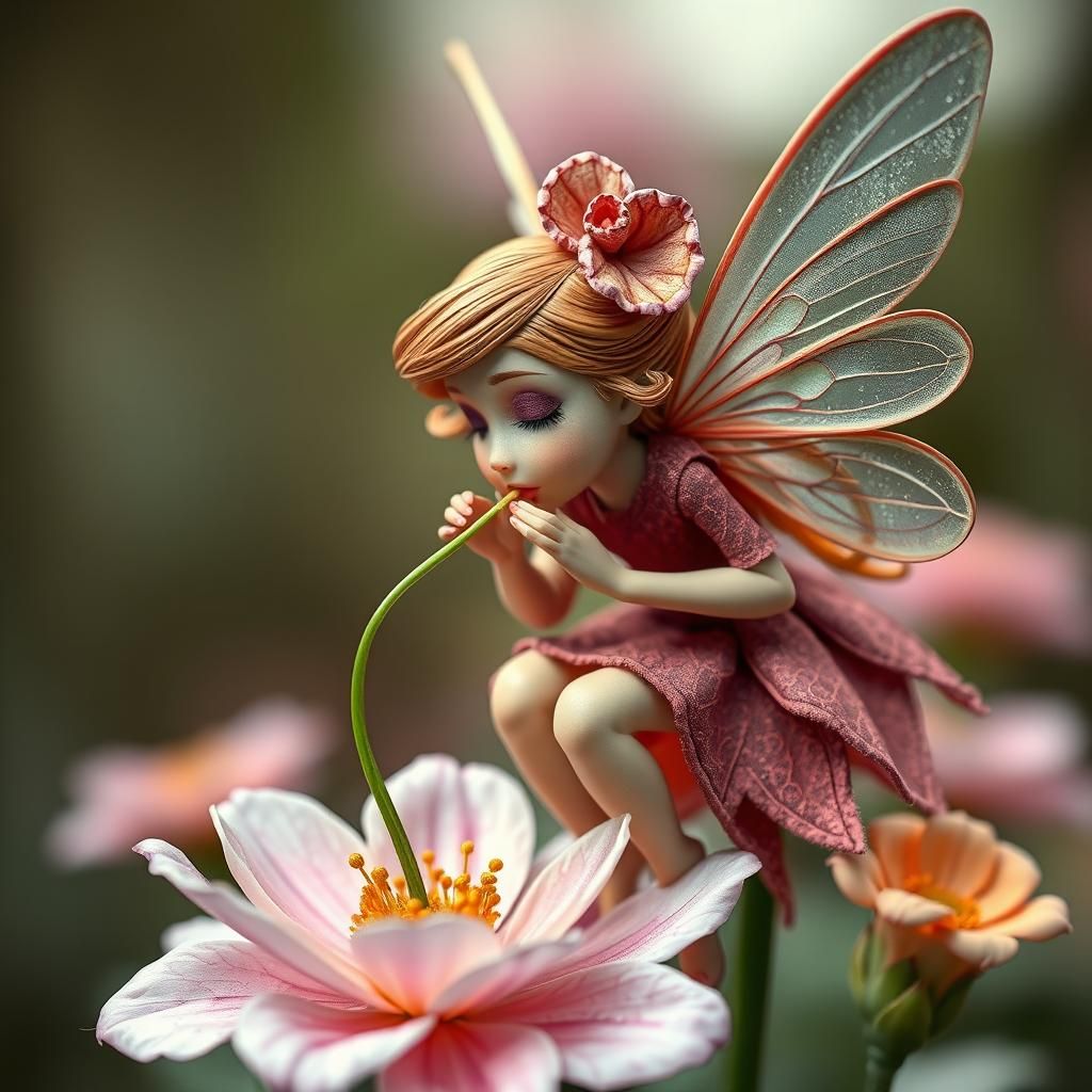 Surreal Fairy Extracting Life from Flower