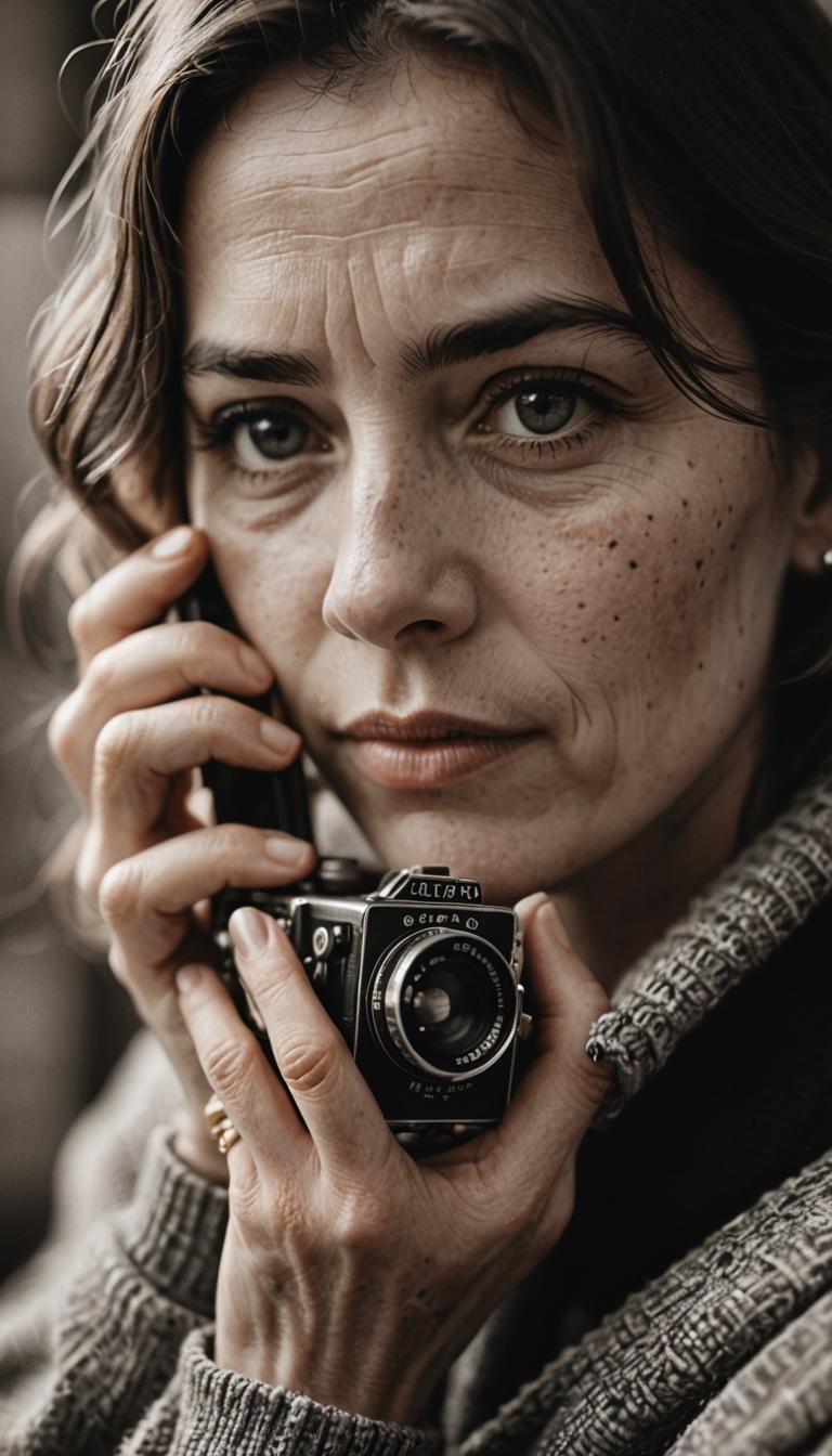 Woman's Hands Hold Camera in Grainy Black and White