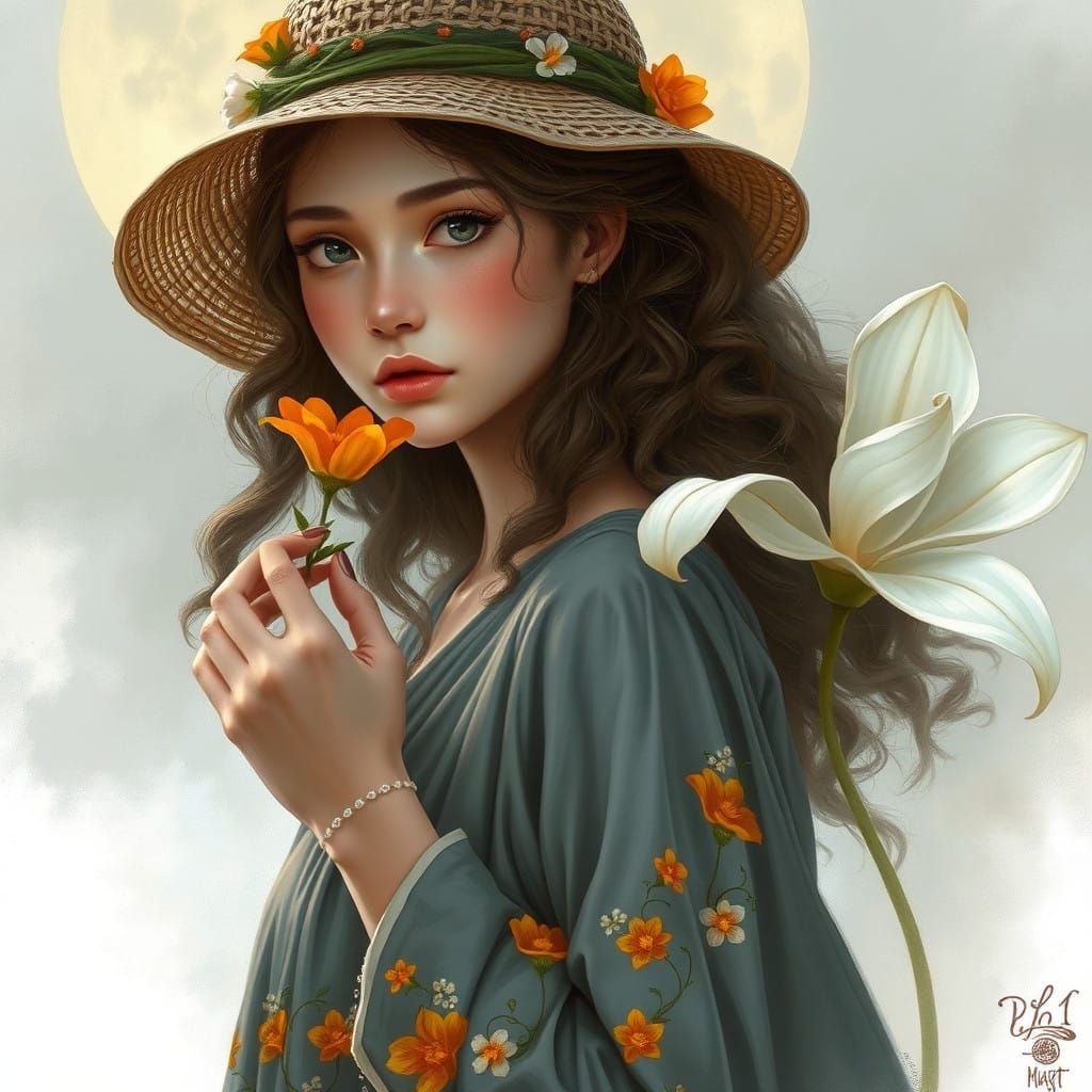 Ethereal Woman in Gray Dress with Orange Flowers