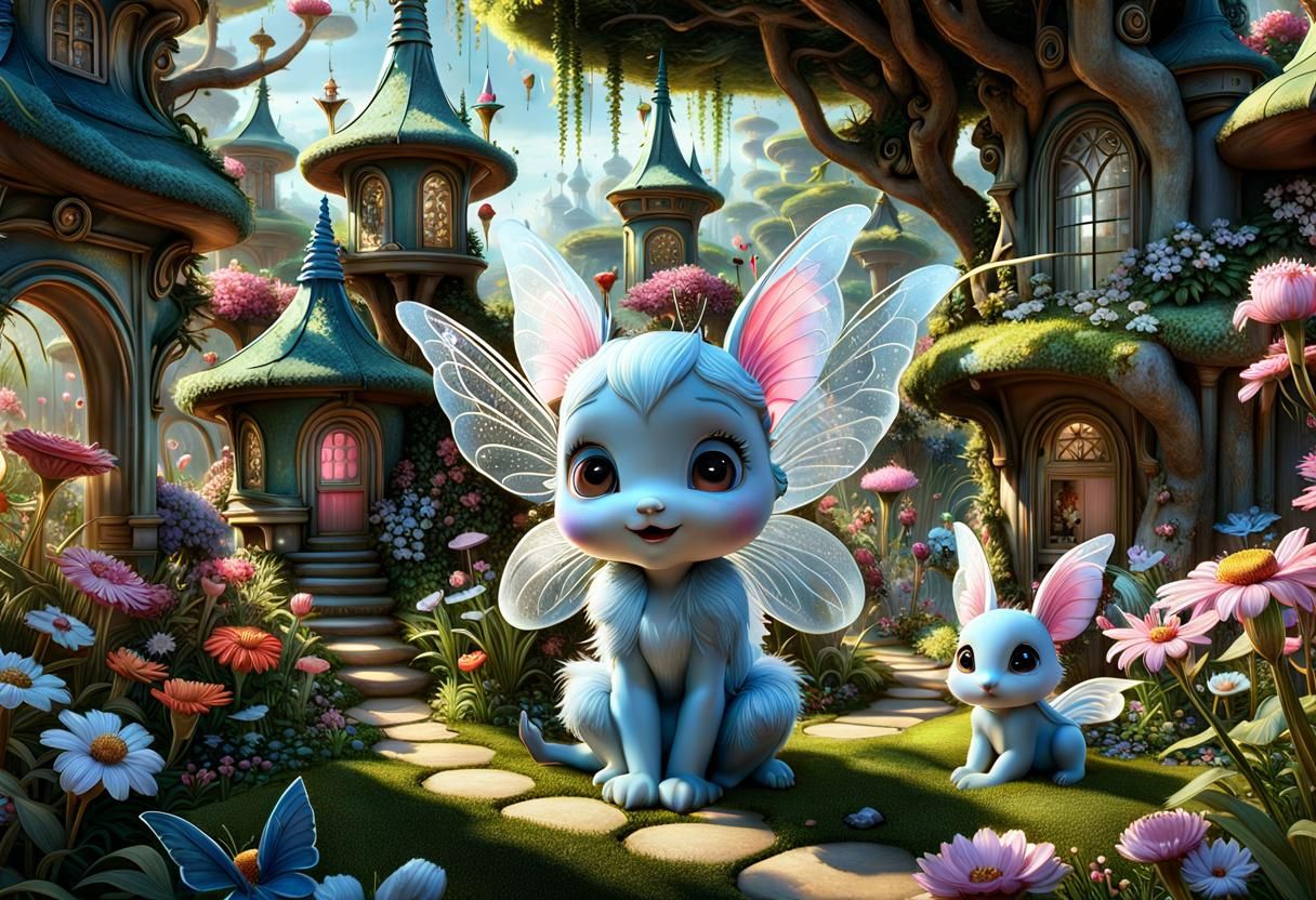 Fairies in a Luminous Garden, Photorealistic Splat Art