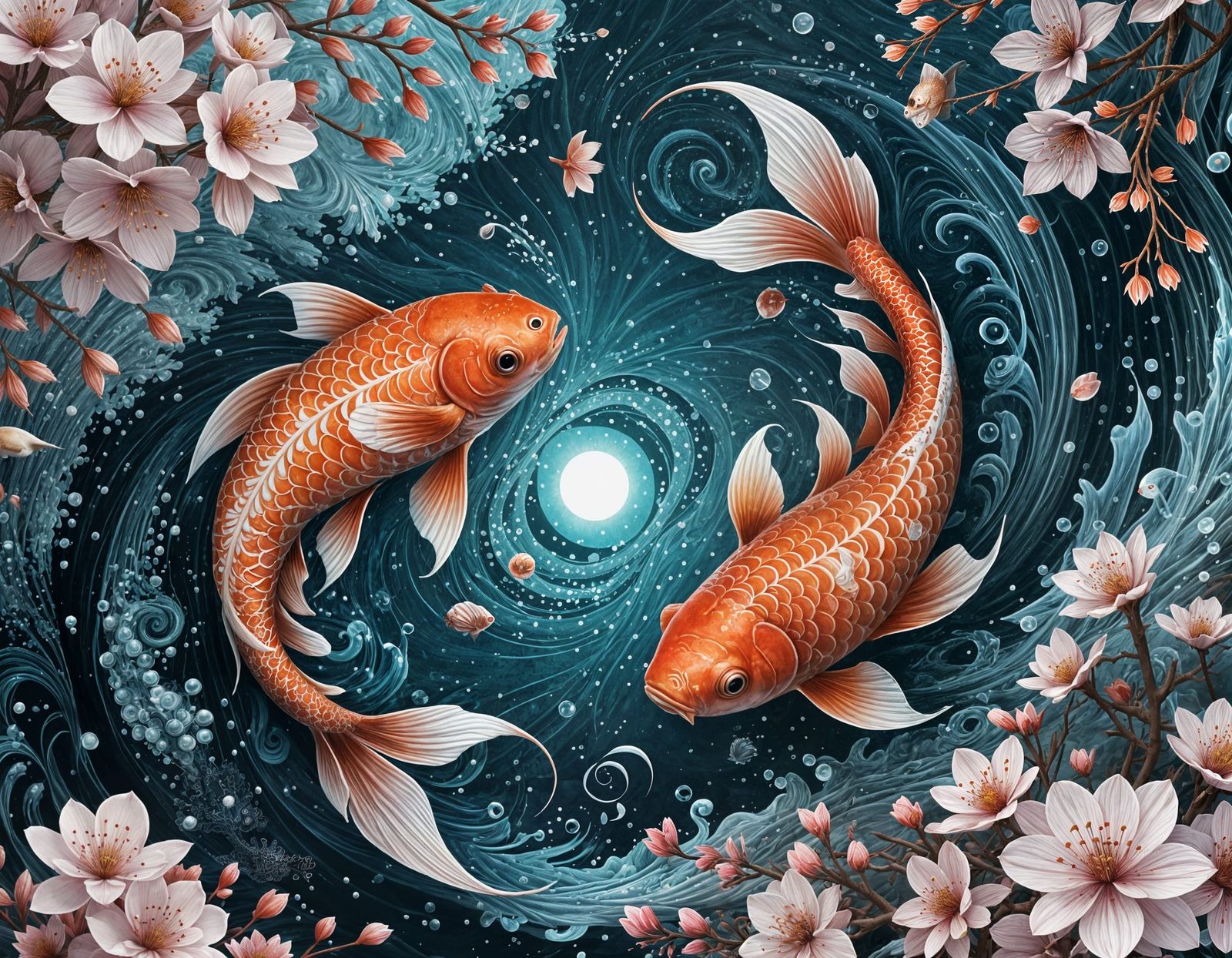 Jikin Fish in Sakura Pond Yin Yang Digital Art