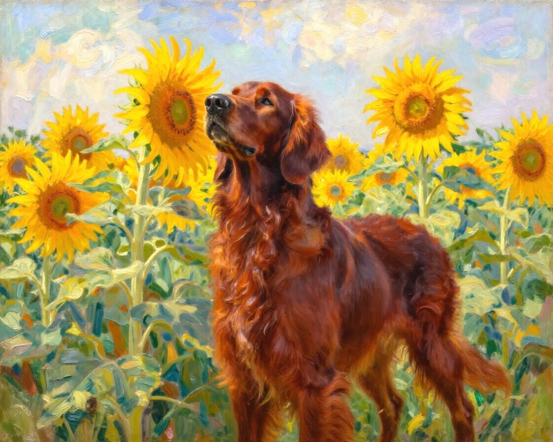 Irish Setter Dog in Sunflower Field Oil Painting
